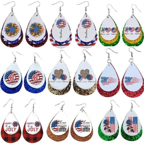 Triple Peace Love America Patriotic Stars Leather Earrings 4th of July Sunflower Red White and Blue Flag Earrings