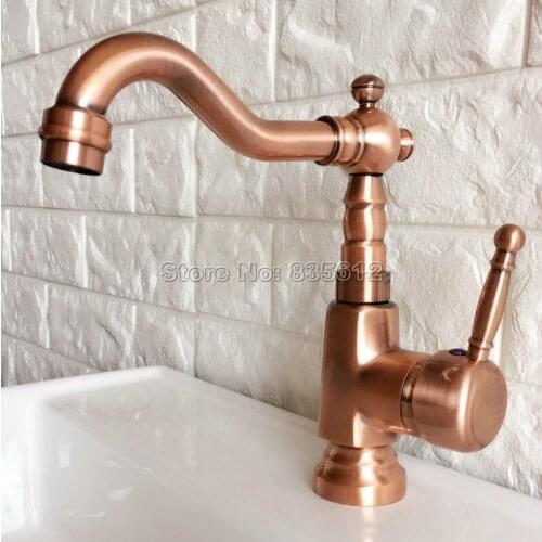Red Copper Swivel Spout Bathroom Faucet Wash Basin Mixer Sink Faucets Deck Mount Single Handle Cold & Hot Water Mixer Tap Wnf395