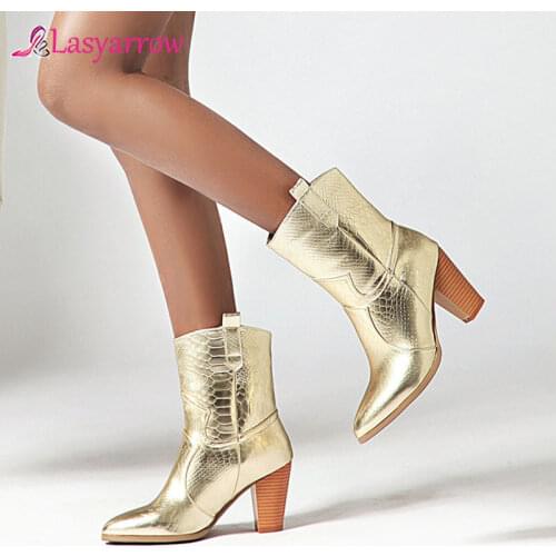 Lasyarrow Western Cowgirl Boots Black Gold Silver Faux Leather Cowboy Ankle Boots for Women Thick High Heel Boots chunky Size 47