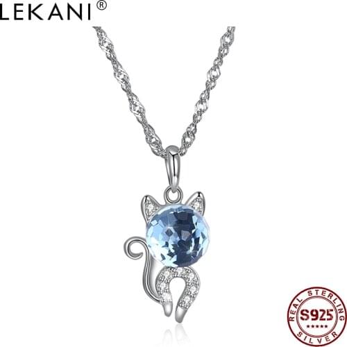 LEKANI 925 Sterling Silver Girl Pendant Necklaces Cute Cat With Blue Cubic Zirconia Necklace For Women Wedding Jewelry On Sale