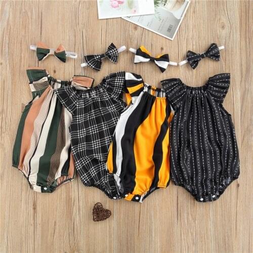 Newborn Summer Rompers Clothes Toddler Baby Boys Girls Striped Print Fly Sleeve Jumpsuits Headband Baby Cotton Clothes Outfits