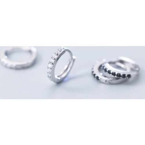 Cute 100% Authentic 100% 925 Sterling Silver fine Jewelry Black Agate /White Zircon AAA+ Round Circle Hoop Huggie Earrings 8MM