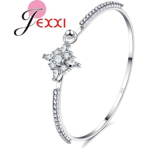 Fashion Elegant Round White Crystal Bangles For Women Simple 925 Sterling Silver SilverBracelets Bangles For Bridal Jewelry