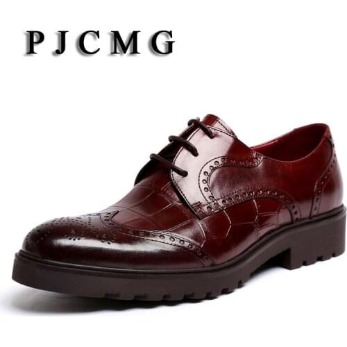 PJCMG New Mens Genuine Crocodile Pattern Leather Pointed Toe Thick soles Lace-Up Cowhide Dress Wedding Flat Oxford Men Shoes