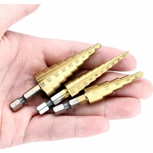 3pcs HSS Steel Titanium Coated Step Universal Drill Bit Set Hex Hole Cutter 3-12mm 4-12mm 4-20mm For Home DIY Wood Glass Metal