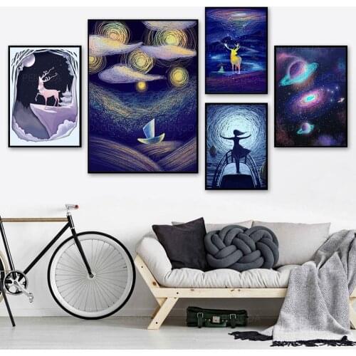 Prints Planet Poster Wall Art Modular Canvas Deer Pictures Retro Girl Painting Home Plant Background No Frame Living Room Decor