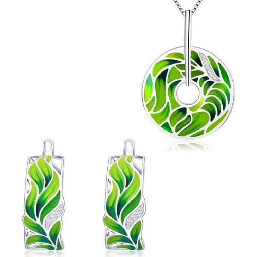 OGULEE 100% 925 Sterling Silver Green Jewerly Sets Aquatic Plants Handmade Enamel Earrings Necklace for Women Fine Jewelry