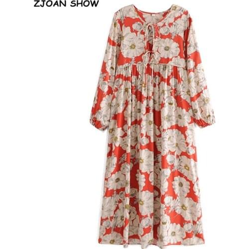Holiday Bandage Lacing up Collar Contrast color Flower Print Dress Ethnic Woman Long Sleeve Maxi Long Bohemian Dresses Beach