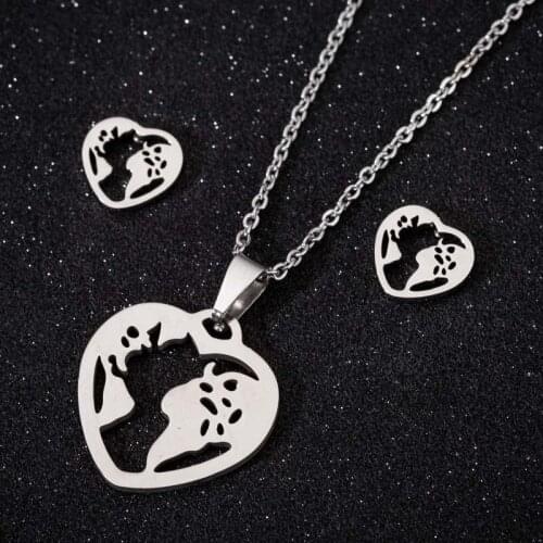 Personalize Heart Shaped World Map Earrings Stainless Steel Map Pendant Necklace Jewelry Set for Women Kids Birthday Gift