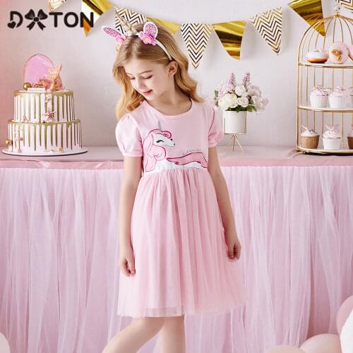 DXTON Unicorn Kids Dress For Girls Summer Short Sleeve Girls Dress Cartoon Children Clothing Girls Tutu Dress Kids Costumes 3-8Y