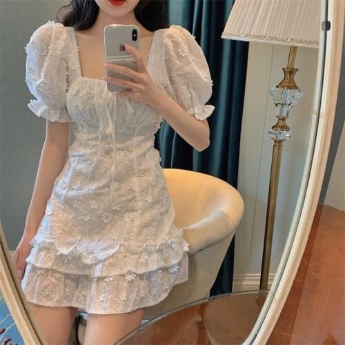 Lace embroidery dress women lace crochet cotton ruffle dress boho beach mini dress drawstring dress female vestidos