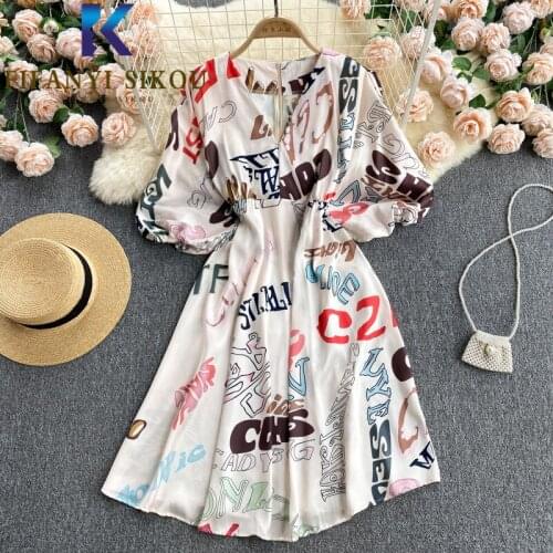 Letter Print Dresses Women Puff Sleeve V-Neck Fashion High Waist Short Sleeve Midi Long Dress Female Loose Casual Summer Dress