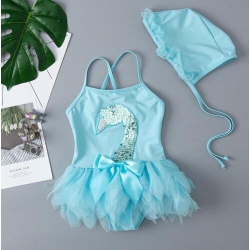 2020 New Girls Swimwear Flamingo Swimsuit One Piece Lace Princess Swimsuit 1-8Years Childrens Swimwear Bathing Suit With Hat