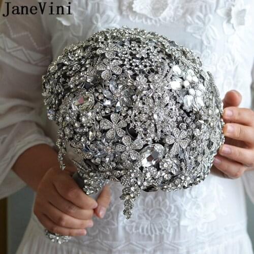 JaneVini Luxurious Silver Crystal Diamond Wedding Bouquet Gray Satin Rose Bridal Hand Bouquets Shiny Jewelry Bride Ribbon Flower