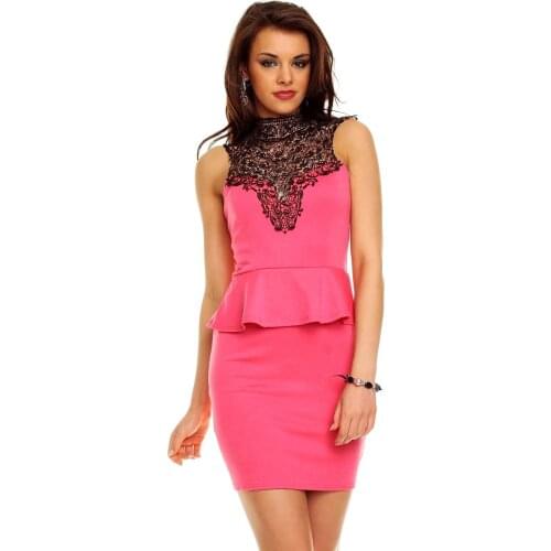 AHVIT Sexy Lace Patchwork Ruffles Women Dress Sleeveless Back Hollow Out Fashion Bodycon Dress YDN156