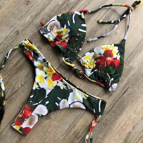 Sexy Bikinis Push Up Womens Swimsuits Thong Swimwear High Leg Biquini Floral Printed Bathing Suit 2021 V-Neck Bikini Set