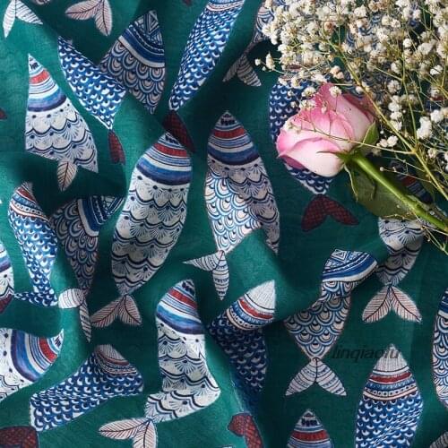 Ramie printed fabric 2019 spring and summer thin hand-painted carp banner retro robe dress fabric High-end linen fabric