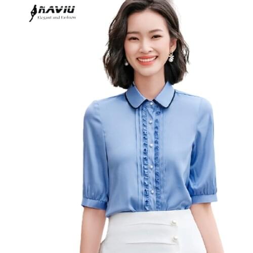 Blue Chiffon Shirt Women Temperament Ruffles Design Half Sleeve Summer New Fashion Blouses Office Ladies Formal Work Tops