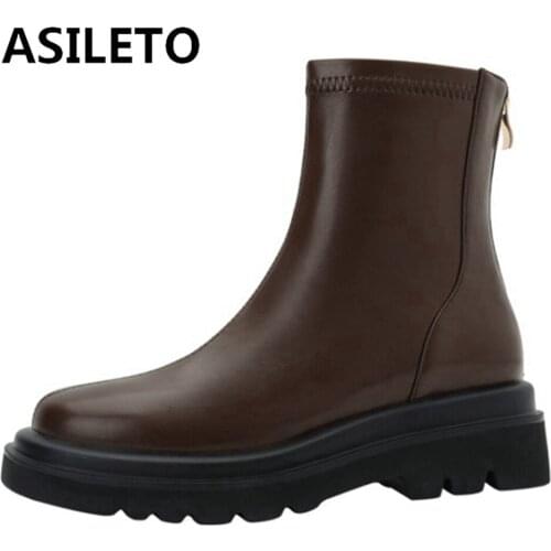 ASILETO 2021 New Designer Brand Ankle Boots Women Platform Stretchy Soft Leather Bootie Zip Low Heel Black White 33-4 S2428