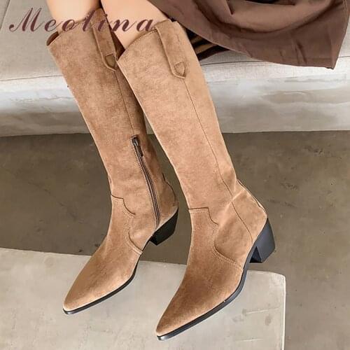 Meotina Winter Knee High Boots Women Genuine Leather Thick High Heel Western Boots Zipper Pointed Toe Shoes Lady Autumn 40 Khaki
