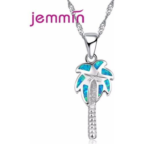 Brand Woman Necklace Jewellery Coconut Tree Design Blue Fire Opal 925 Sterling Silver Pendant Necklaces For Female Party