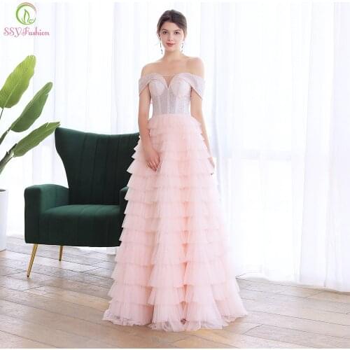 SSYFashion New Sweet Pink Evening Dress Princess Cake Party Gown Boat Neck Ruffles Tiered A-line Formal Gown Vestidos De Noche