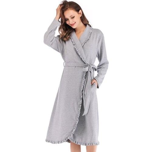 Witbuy Winter Womens Warm Robe Coat With Pocket Plush Bathrobe Solid Ruffle Long Sleeve Gown Soft Pajamas For Women Sleep Tops