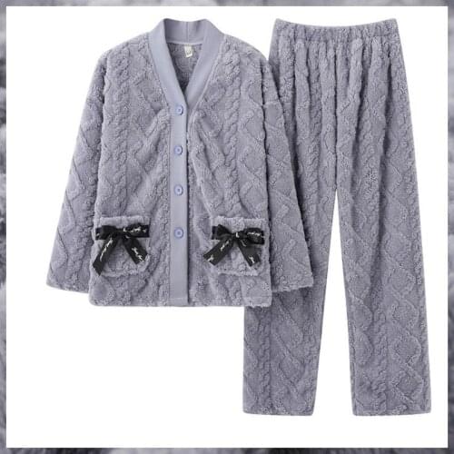 2021 Winter Flannel Warm 2PCS Pajama Sets Ladies Cute Bow Sleepwear V-Neck Cardigan&Pant Nightwear Loose Thicken Homewear M-3XL