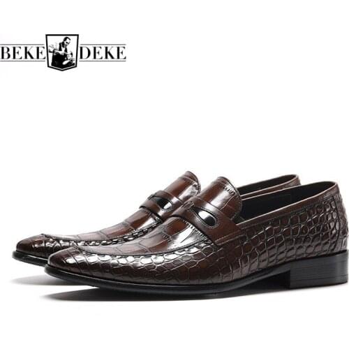2020 Summer Mens Business Formal Shoes Slip-On Crocodile Pattern Men British Style 100% Genuine Leather Shoes Wedding Loafers