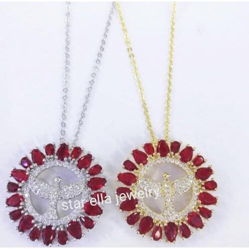 5pcs/lot Micro Pave Marquise Red Cubic Zirconia Round Hollow Bird Pendant Necklace Collar Fashion Jewelry
