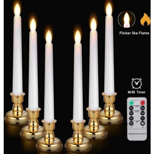 6 Pack LED Window Candles with Removable Candle Holders Operated Flameless Taper Candles with Remote Timer(Gold Base)