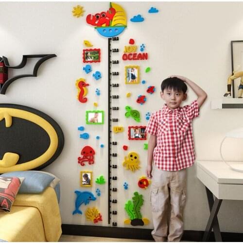 Acrylic 3D height sticker Cartoon sea animals 3d wall sticker childrens room cartoon baby measuring height wall sticker bedroom