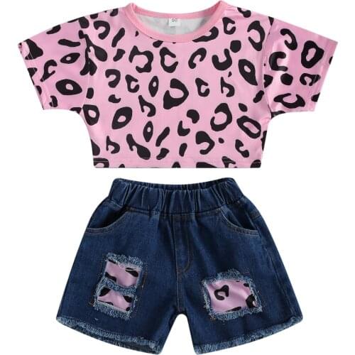 OPPERIAYA Baby Girls Two Pieces Summer Set Childrens Leopard Print Crop Tops Short Sleeve T-Shirts Elastic Waist Shorts for Kids