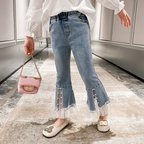 New Kids Girls Jeans Slim Lace Spliced Jeans Slit pearl Denim flared pants Teens Child Clothes for 4 5 6 7 8 10 12 14 Years Girl