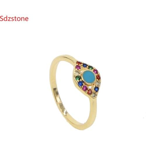 Elegant Blue enamel with multicolored cz Evil Eye Cubic Zirconia Ring Female Girl Jewelry Gold Zircon Ring Bague Jewelry