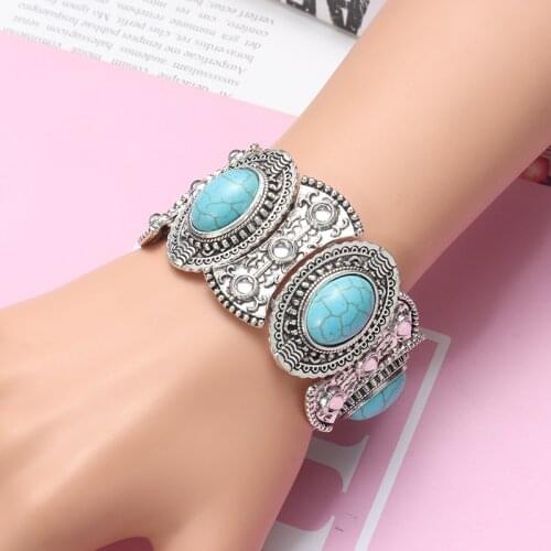 Ethnic Natural Stone Bracelets Fashion Punk Carved Flower Big Bracelet Bangle Women Silver Color Handcuffs Indian Style Jewelry