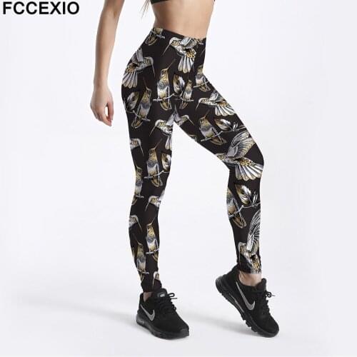 FCCEXIO Whosale Women Workout Leggings High Waist Fitness Legging Retro Magpie Print Leggins Female Leg Pants Large Size Legging