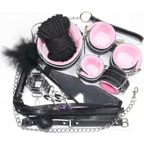 Leather BDSM Sex Toys Kit for Women Nylon Plush Handcuffs Whip Gag Necklace Nipple Clip Bdsm Bondage Toys for Couples Sex Shop