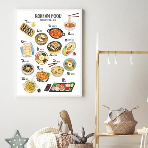 Cute Hangeul Hangul Korean Food Alphabet Poster Canvas Painting Children Educational Prints Korea Kitchen Art Wall Picture Decor