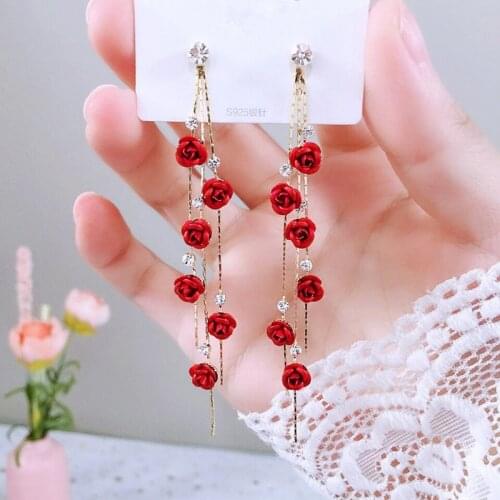 Fashion Red Rose Flower Petal Drop Earrings for Women Korean Long Tassel Red Flower Heart Dangle Earrings Wedding Party Jewelry