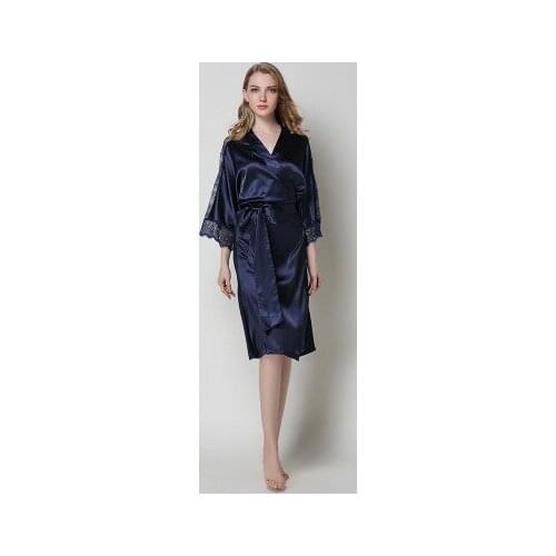 New Spring Women Luxury Robe Top Grade Silk Bath Robe Sexy Lace Sleepwear Nightwear Knee-Length Kimono Elegant Dressing Gown