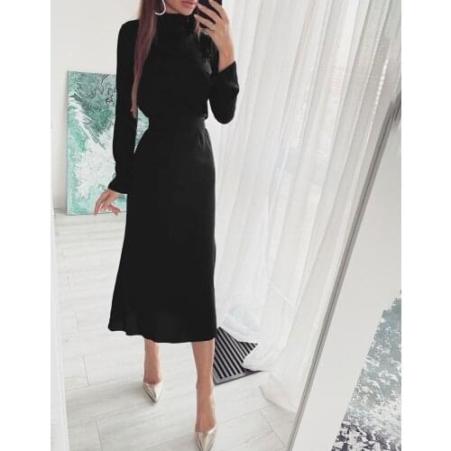 Women Elegant Lace-up Slim Maxi Dress Spring Autumn Casual Solid Color Long Sleeve Simple Ladies Turtleneck Dresses Robe Femme