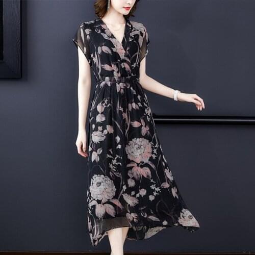 Casual Dresses Summer Woman 2020 Fashion Ladies Korean V-Neck Floral Print Sundress Elegant Long Midi Dress Summer Vestido A5381
