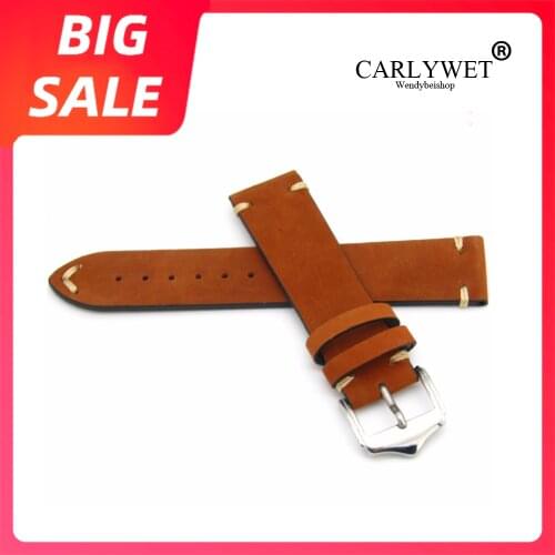 CARLYWET 20 22mm Top Real Calf Suede Luxury Leather Handmade Orange Brown Watch Band Silver Steel Buckle For Diesel Tissot Rolex