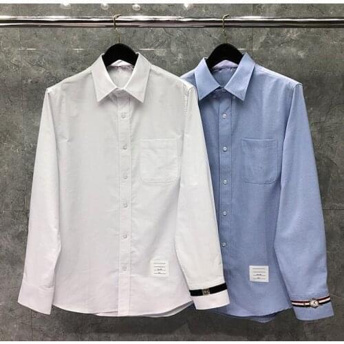 2021 Fashion TB THOM Brand Shirts Men Slim White Long Sleeve Casual Shirt Cuff Watch Pattern Oxford Fabric Solid Mens Clothing