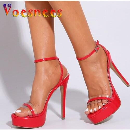 Fashion Platform Models Shoes Sexy PVC One Word Band Round Head Sandals Female Summer 13CM Cross Buckle Strap Stilettos Size 41