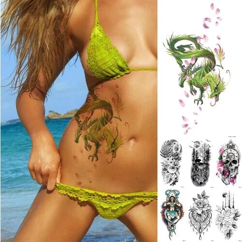 Green Cyan DragonTemporary Tattoo Sticker Flash Waterproof Tattoos Skull Clock Body Art Arm Fake Tatoo Women Men