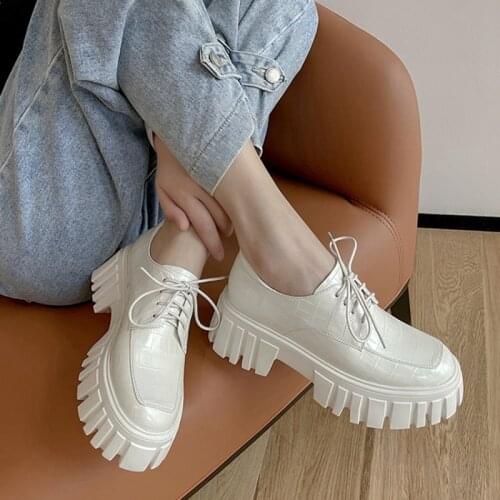 Spring/Autumn Womens Shoes Round Toe Flat Platform Genuine leather Lace-Up Platform Shoes Solid Girls Shoes