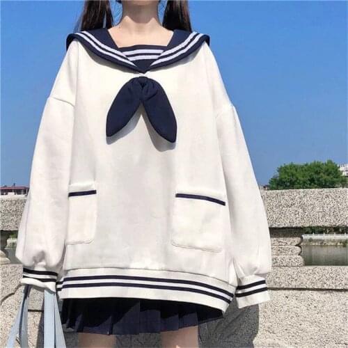 2020 New Spring Autumn For Women Dress Loose Kawaii Sweet Jk Long Length Navy Rabbit Collar Cravat Cute Free Shippi