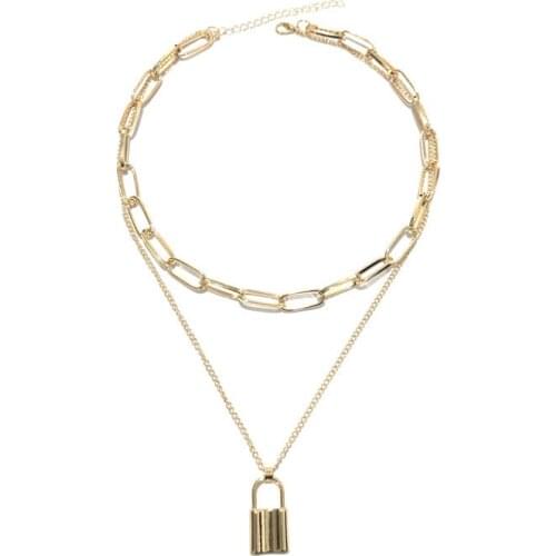 Punk Double Layers Lock Chain Necklace Women Gothic Link Chain Metal collar Padlock Pendant Statement Necklace Jewelry